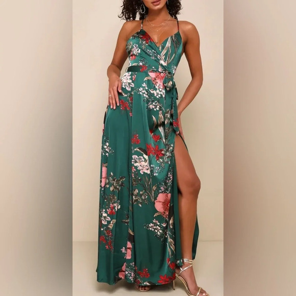 NWOT Lulus Still the One Green Floral Print Satin Maxi XL #1703 - Picture 4 of 12